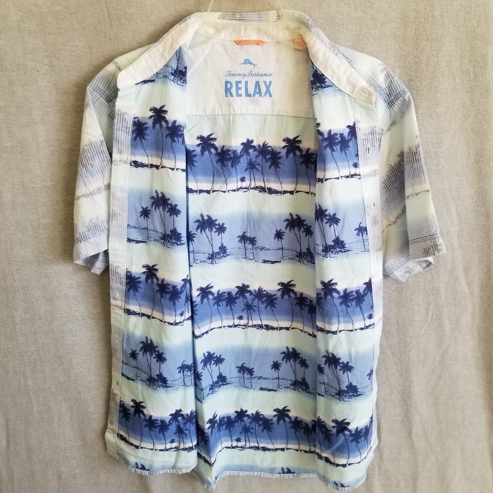Tommy Bahama Relax Large Reverse Print Hawaiian Aloha Shirt Palm Leaf Blue Beach